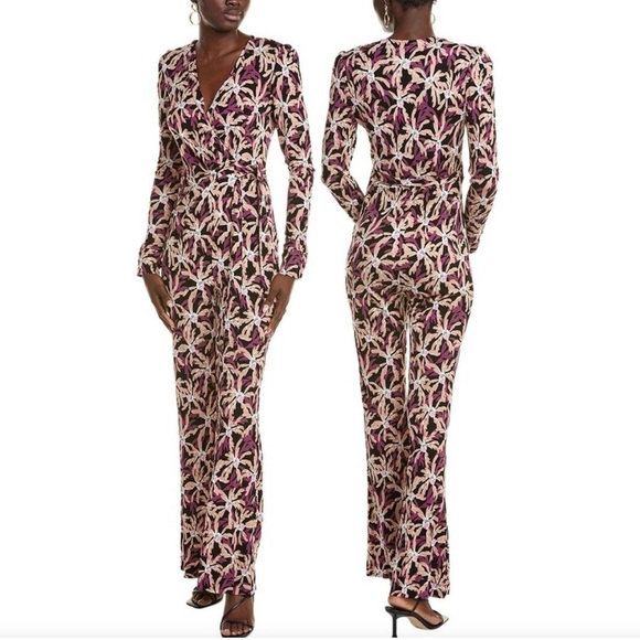 Diane Von Furstenberg Seoul Printed Wrap Jumpsuit Sz 4 Purple Tropical One Piece - Picture 2 of 10